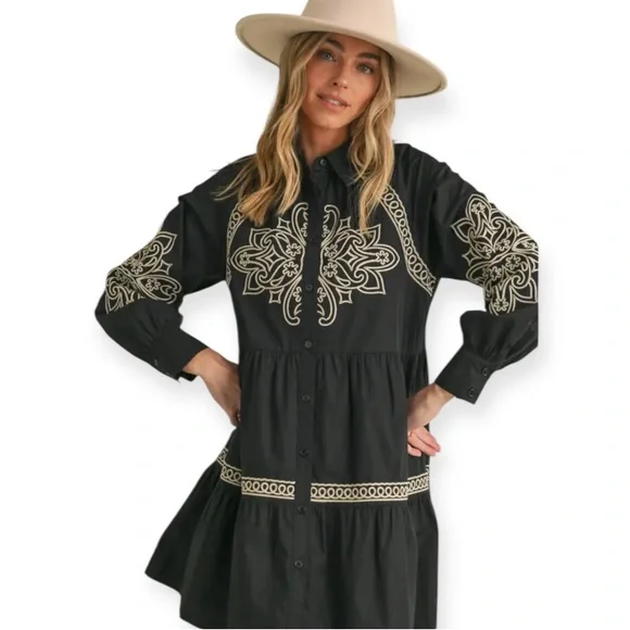 Elegant Button Down Black and Cream Embroidered Long Puff Sleeve Mini Dress - Picture 1 of 16